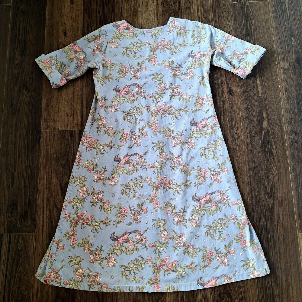 💙 Bila Floral Bird Printed Cotton Flex Dress Size S/M Cottage Romantic Girly - Picture 7 of 8